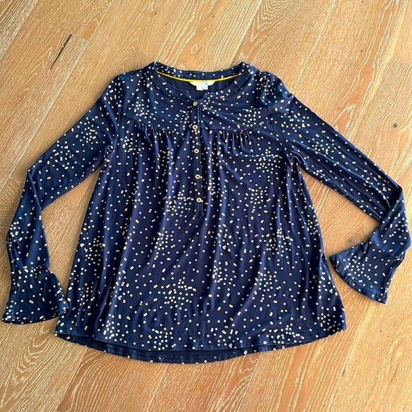 Boden Nadine Navy Confetti Jersey Top Womens 8 bell cuff 5 button front Modal - Picture 1 of 12